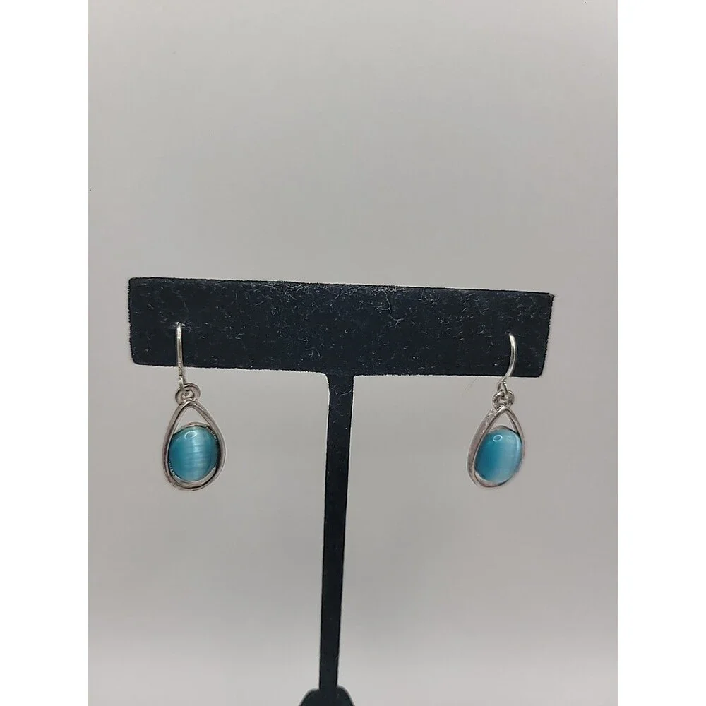 Blue Cats Eye Teardrop Dangle Earrings Silver Tone Glass Stone Minimalist Boho - Picture 2 of 9